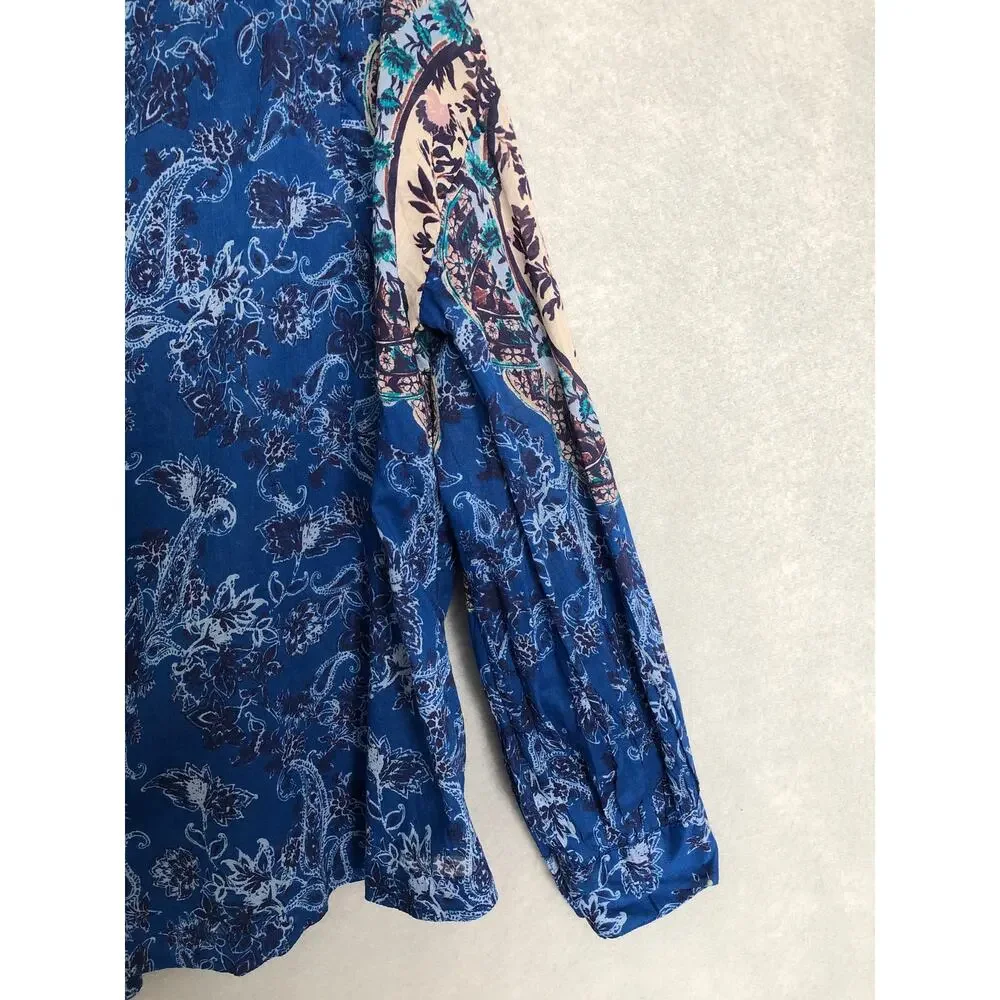 Free People Button-Up Top Floral Lightweight Blue Motif Women's Medium NEW